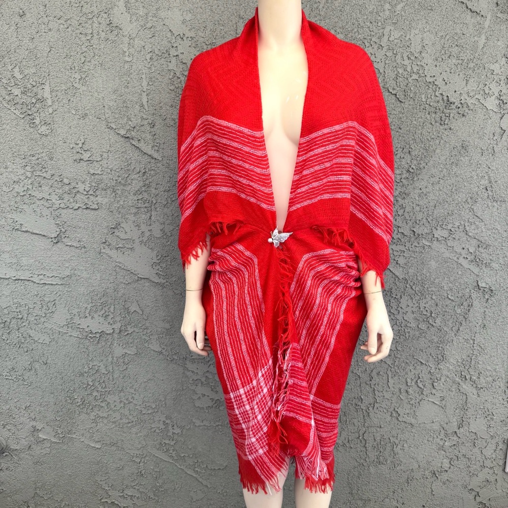 FREE PEOPLE O/S Beach Cover Up Poncho Boho Bohemian Fringe Exotic Orange Red